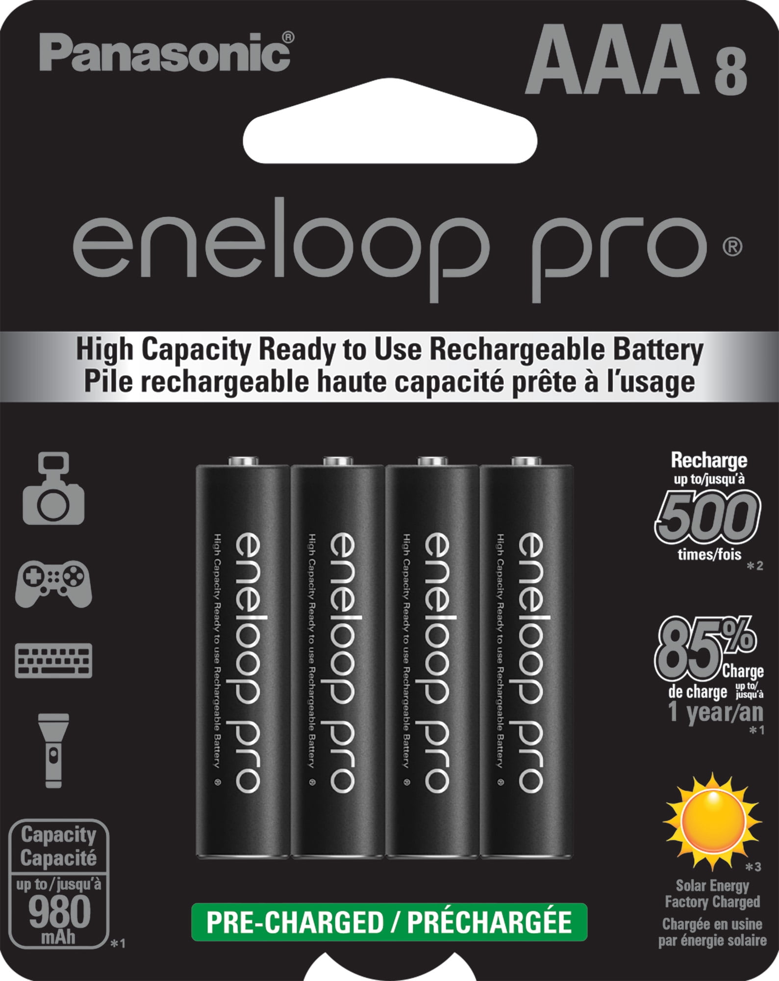 Panasonic Eneloop Pro BK-4HCCA8BA Pre-Charged Nickel Metal Hydride AAA High-Capacity Rechargeable Batteries, 8-Battery Pack