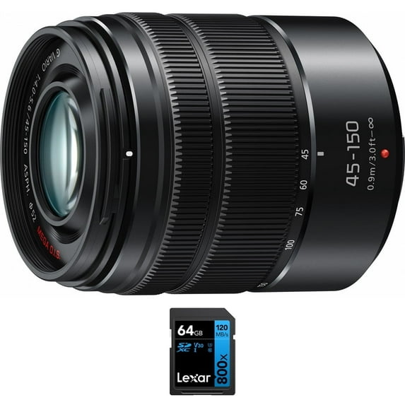 Panasonic H-FS45150AK LUMIX G VARIO 45-150mm Lens, Black with Matte Finish Bundle with Lexar 64GB High-Performance 800x UHS-I SDXC Memory Card