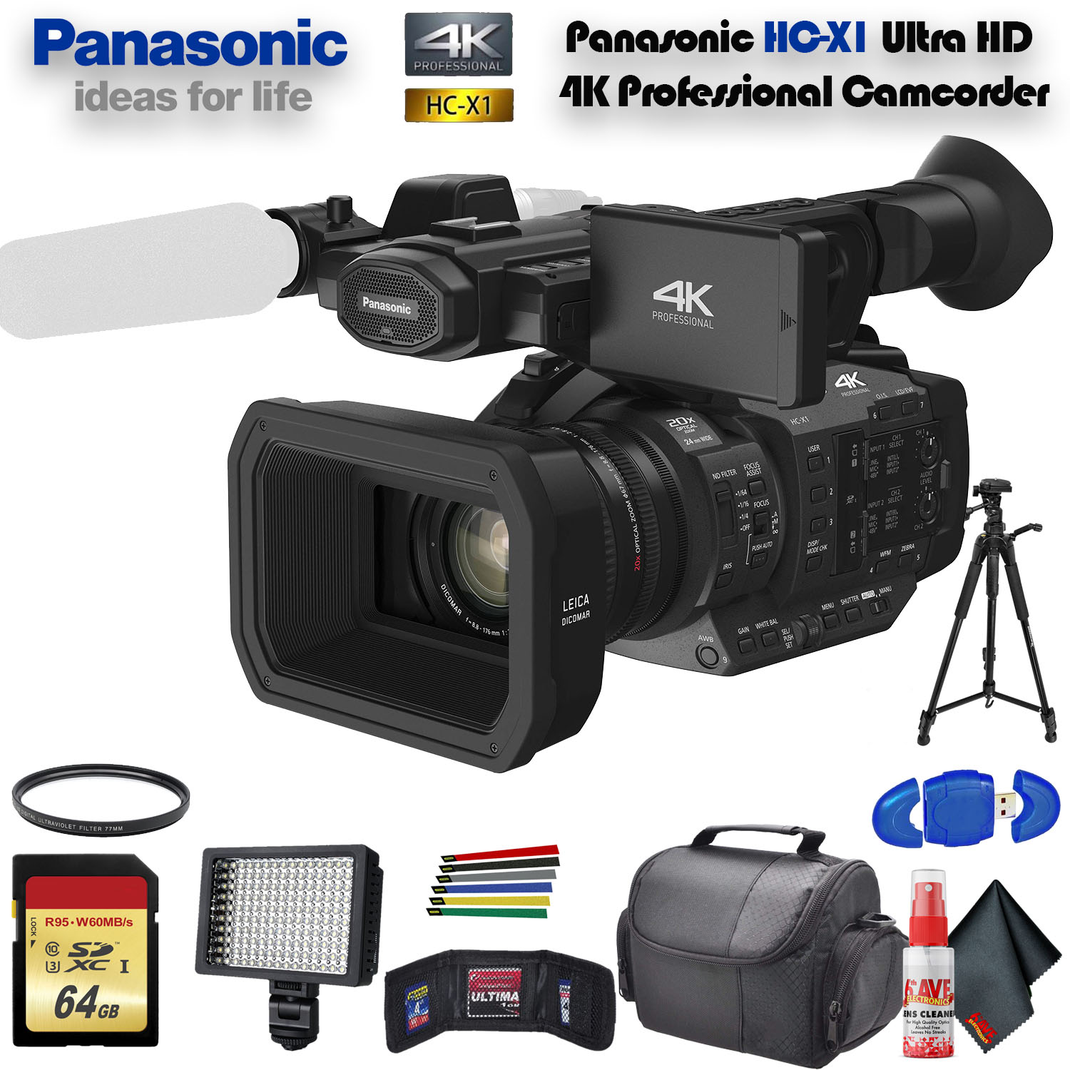 Panasonic HC-X1 Ultra HD 4K Professional Camcorder (HC-X1) With UV Filter, Tripod, Padded Case, LED Light, 64GB Memory Card and More Starter Bundle - image 1 of 5
