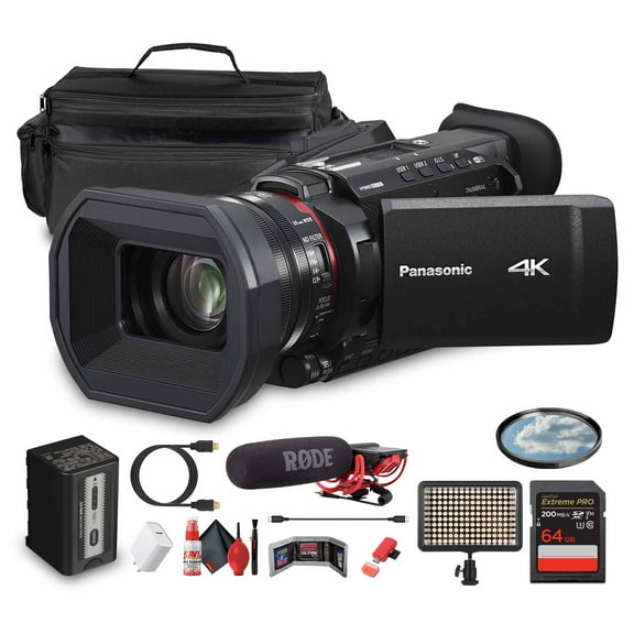 Panasonic HC-X1200 UHD 4K HDMI Lightweight Compact Camcorder with 24x Zoom (HC-X1200) + Mic + Case + LED Light + 64GB Memory Card + USB-C Cable + Cleaning Kit + USB-C Adapter + HDMI Cable + More