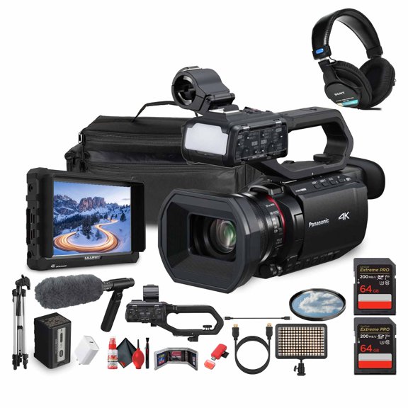Panasonic HC-X2100 UHD 4K 3G-SDI/HDMI Pro Lightweight Camcorder with 24x Zoom (HC-X2100) + Pro Mic + Monitor + Pro HeadPhones + Case + LED Light + Tripod + 2 x 64GB Memory Card + USB-C Cable + More