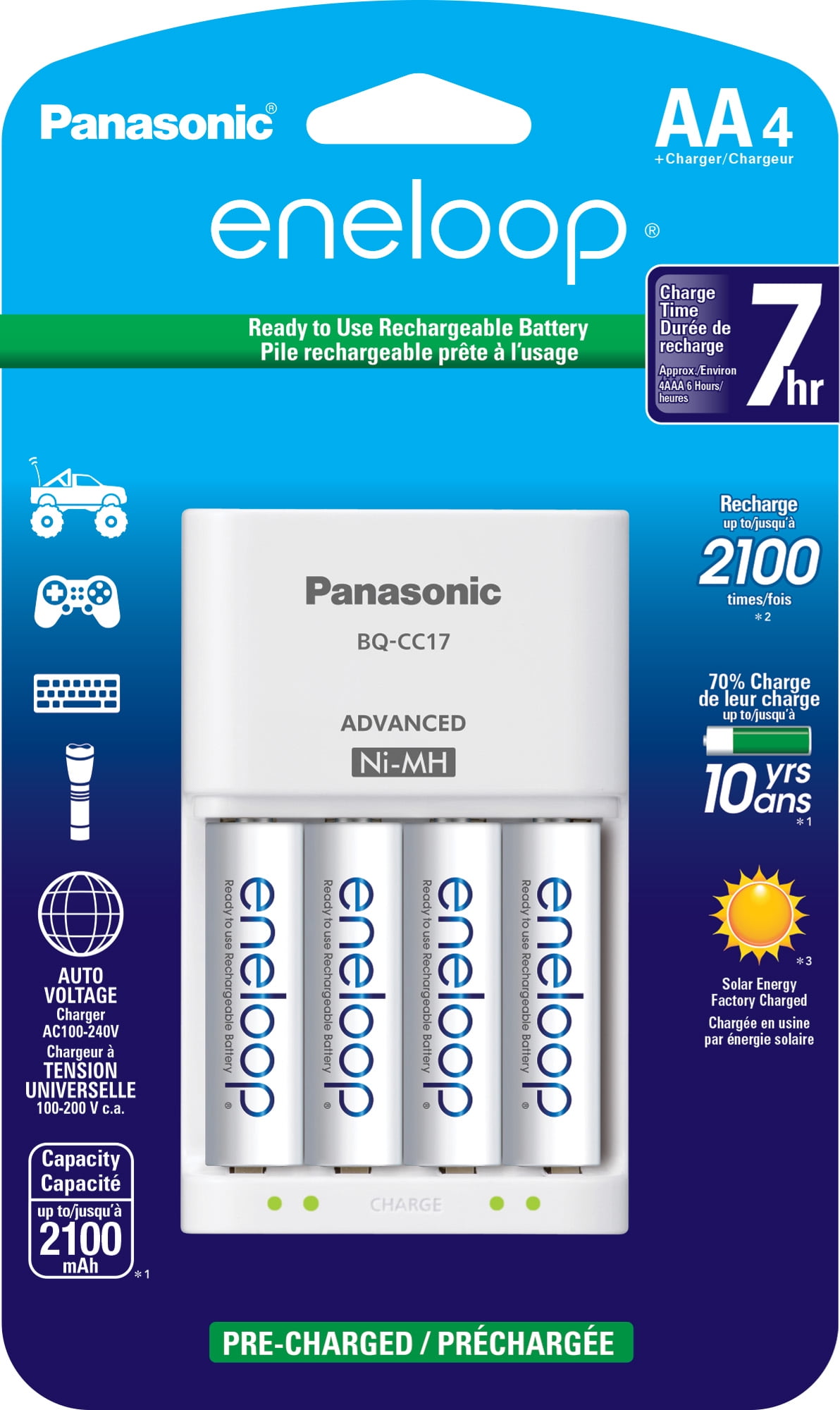 Panasonic K-KJ17MCA4BA Individual Battery Charger Pack w/4 AA Eneloop NiMH Rechargeable Batteries