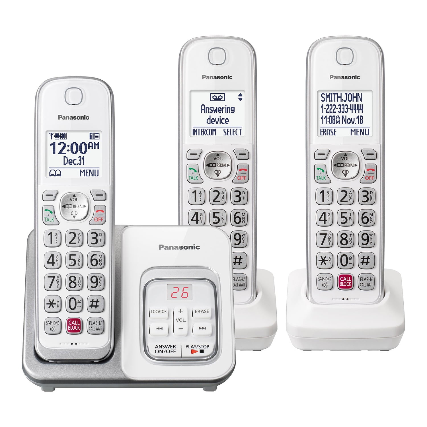 Panasonic KX-TGD83x Series DECT 6.0 Corded Cordless Phone System with Answering Machine, 3-Handset, White