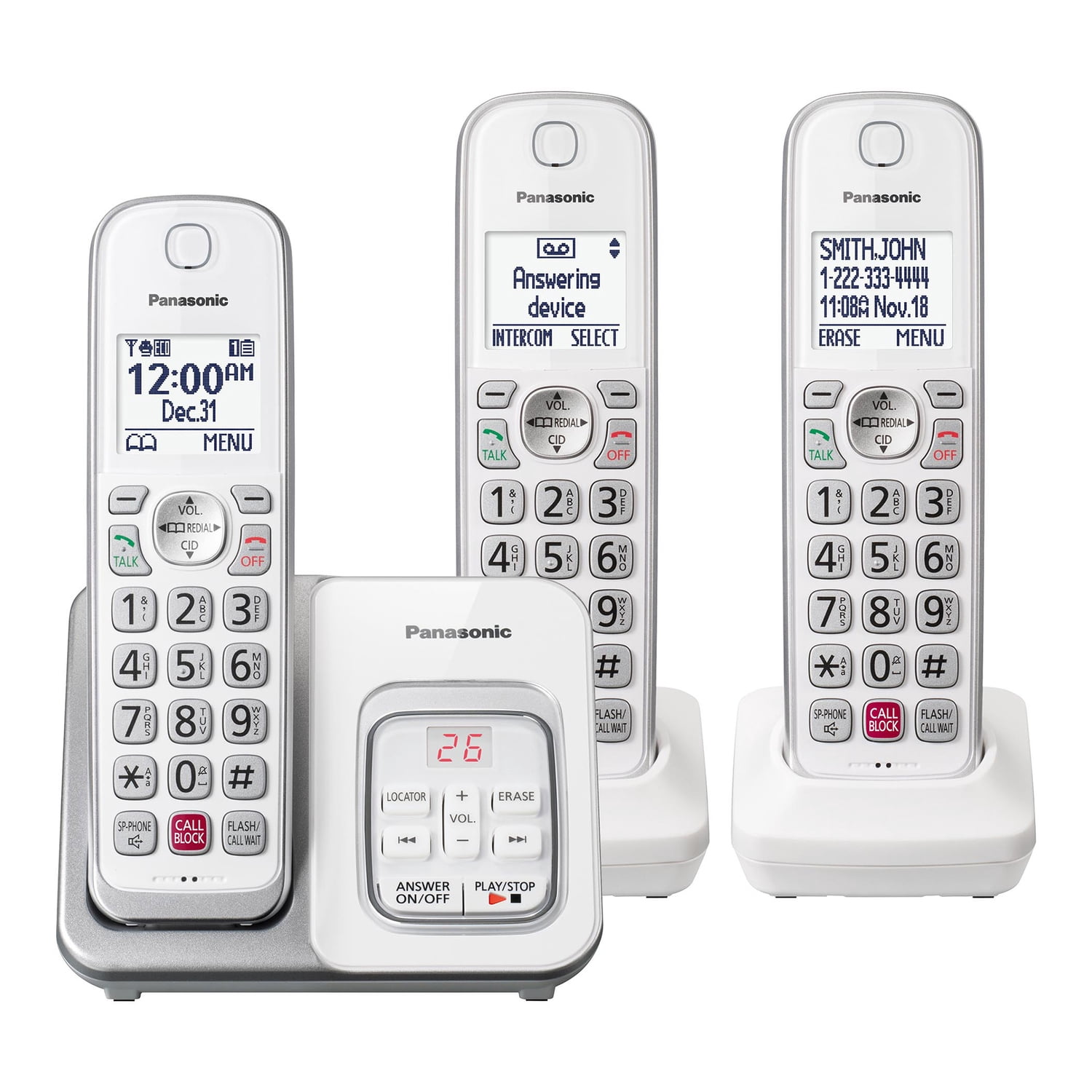 Panasonic KX-TGD83x Series DECT 6.0 Corded Cordless Phone System with Answering Machine, 3-Handset, White