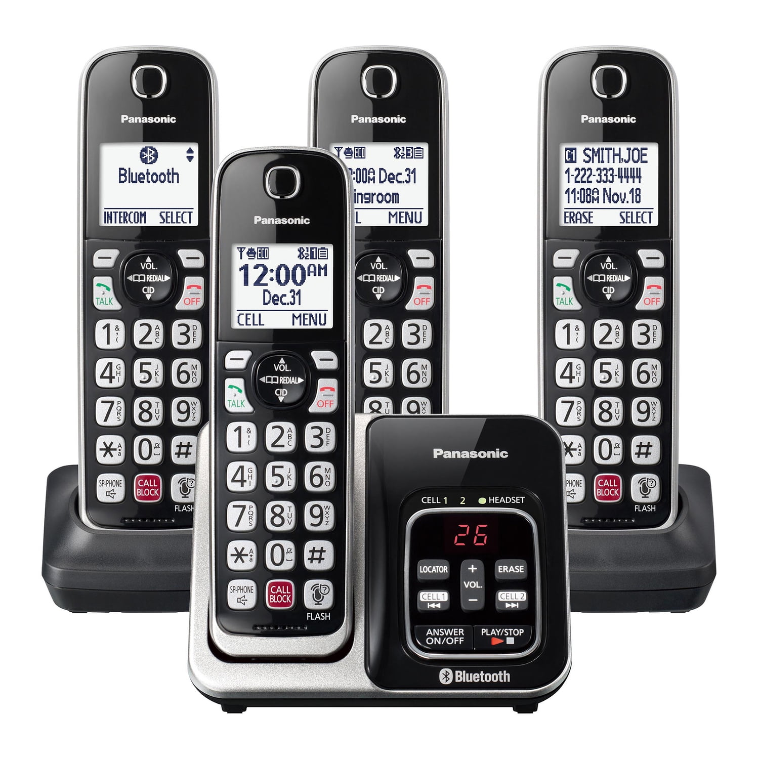 Panasonic KX-TGD86x Series Link2Cell Bluetooth Corded Cordless Phone with Answering Machine, 4-Handset, Black & Silver