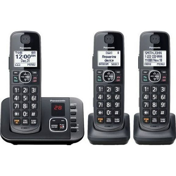 Panasonic KX-TGE633M DECT 6.0 3 Handsets Cordless Phone with Answering System, Black