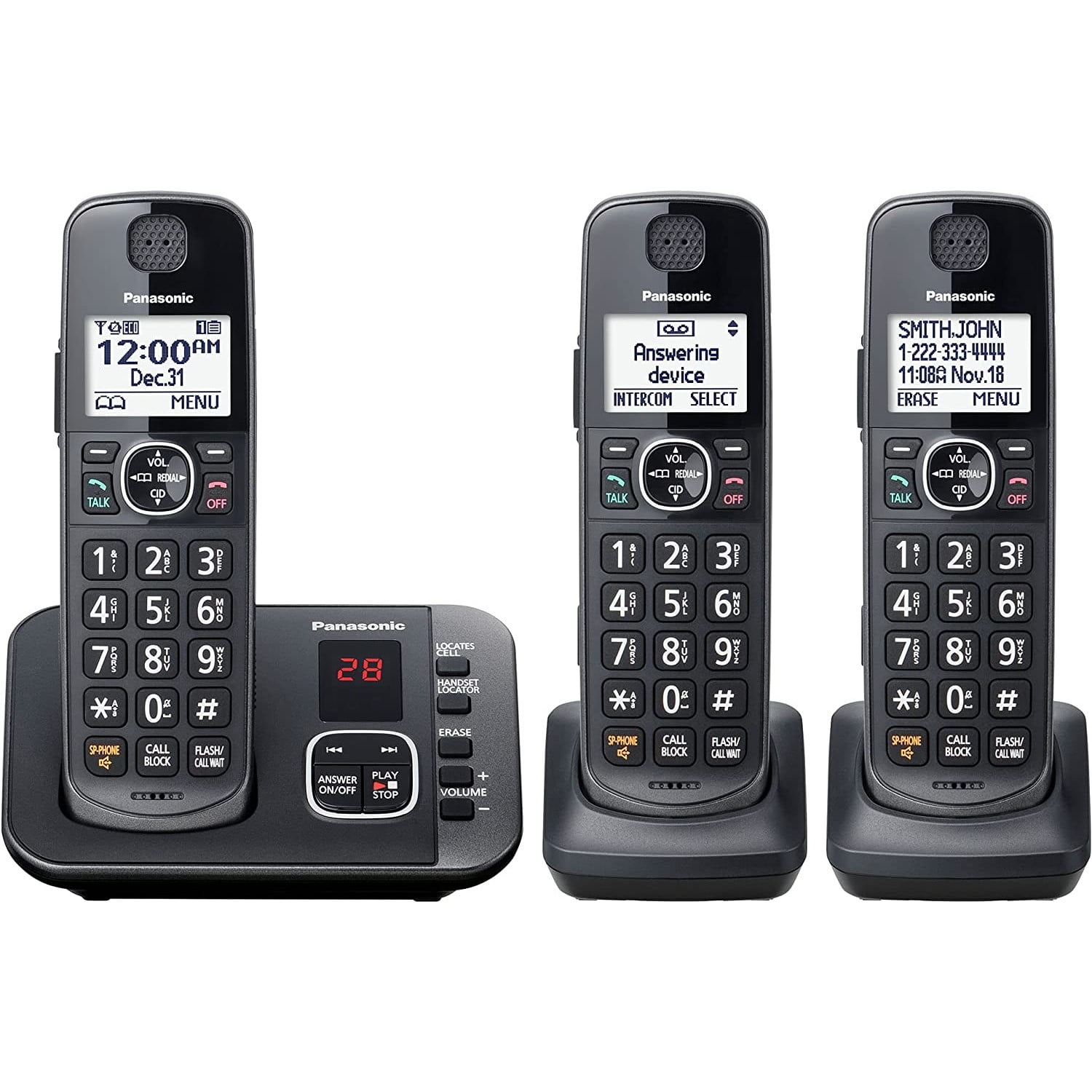 Panasonic KX-TGE633M DECT 6.0 3 Handsets Cordless Phone with Digital Answering Machine, Black, 3 Count