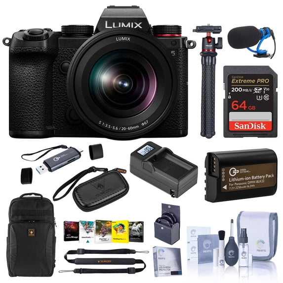 Panasonic LUMIX DC-S5 Mirrorless Camera, Black, with LUMIX S 20-60mm f/3.5-5.6 Lens, Bundle with Backpack, 64GB Memory Card, Tripod, DMW-BLK22 Battery, Charger Base, Charger Plate, TASC300