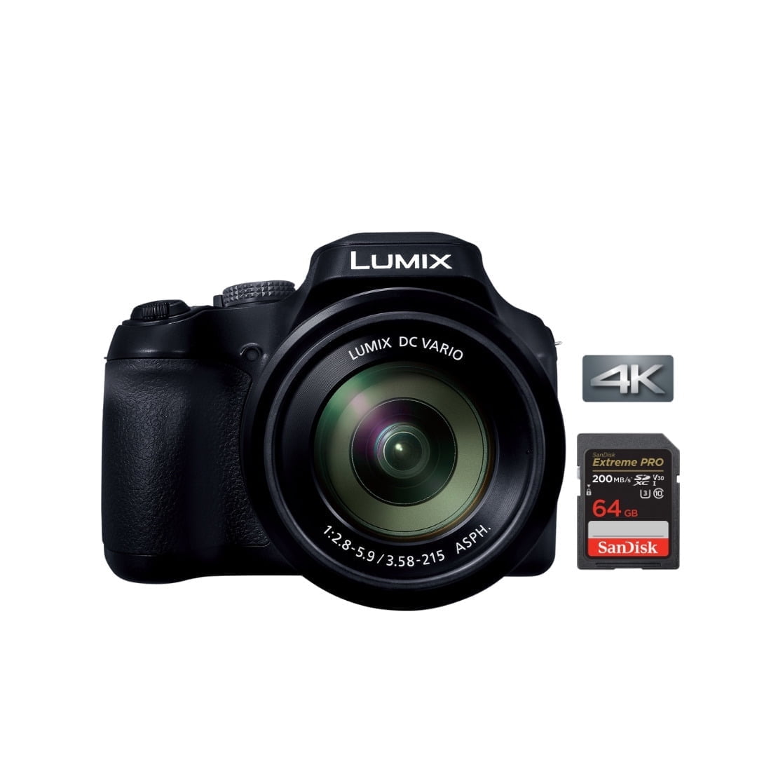 Panasonic LUMIX FZ80D 20 to 1200mm Zoom Lens Point and Shoot Compact Camera (Black) Bundle with 64GB Extreme Pro SDXC UHS-I Memory Card (2 Items)