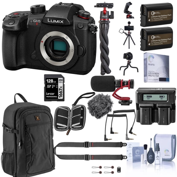 Panasonic LUMIX GH5II Mirrorless Camera Bundle with 128GB SD Card, Backpack, 2x Extra Battery, Dual Charger, Shoulder Strap, Mic, Octopus Tripod and Accessories