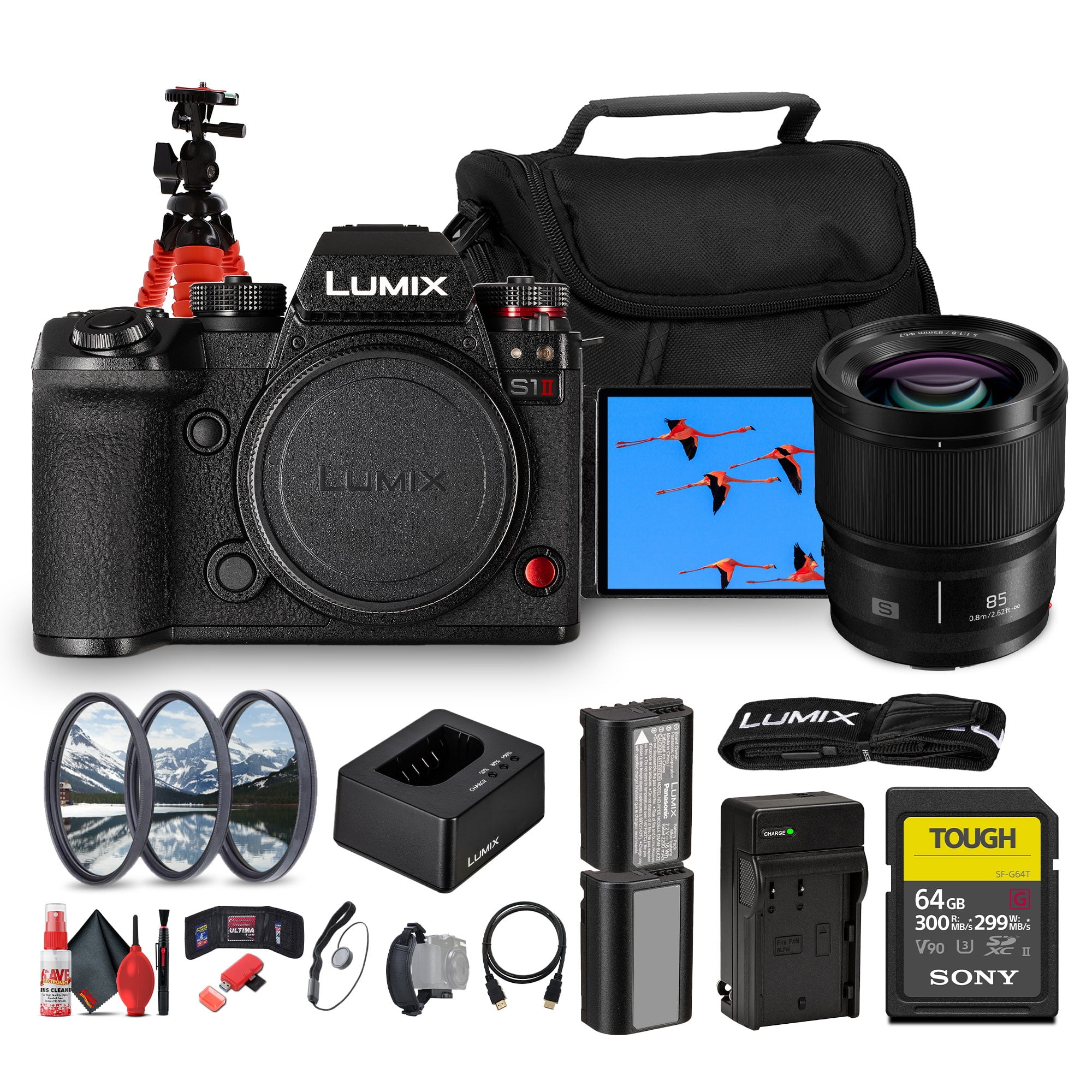 Panasonic LUMIX S1 II Mirrorless Camera | 24.2MP Full-Frame BSI Sensor, 6K Video, Dual I.S. 2, Phase Hybrid AF, 30fps Burst, L-Mount Body (DC-S1M2SBODY) + Lumix S 85mm Lens + 64GB Card + More