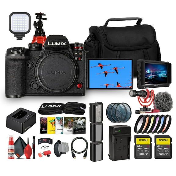 Panasonic LUMIX S1 IIE Mirrorless Camera | 24.2MP Full-Frame BSI Sensor, 6K Video, Dual I.S. 2, Phase Hybrid AF, 30fps Burst, L-Mount Body (DC-S1M2ESBODY) + Monitor + 2 x 64GB Card + Video Mic + More