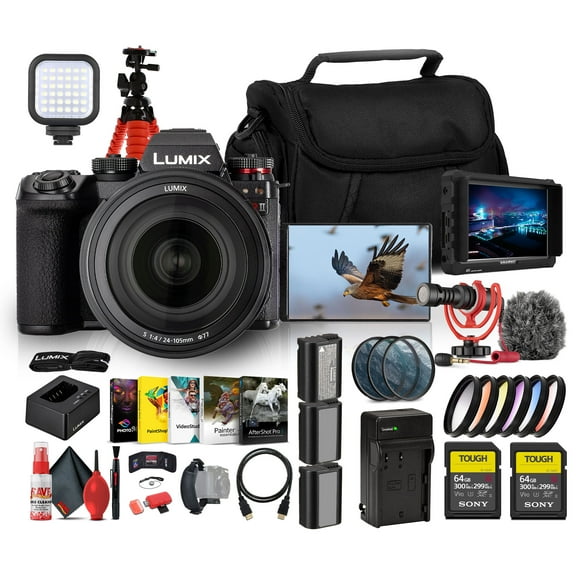 Panasonic LUMIX S1R II Mirrorless Camera with 24-105mm f/4 Lens | 47MP Full-Frame Sensor, 6K Video, IBIS, V-Log, OLED Viewfinder + Monitor + 2 x 64GB Card + Video Mic + More