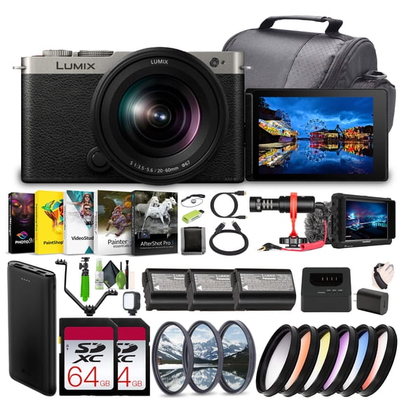 Panasonic LUMIX S9 Mirrorless Full Frame Camera with 20-60mm F3.5-5.6 L Mount Lens - Silver -Bundle with 2x 64GB Memory Card + Lilliput 7" Full HD Monitor + Video LED Light+ Rode Microphone and More