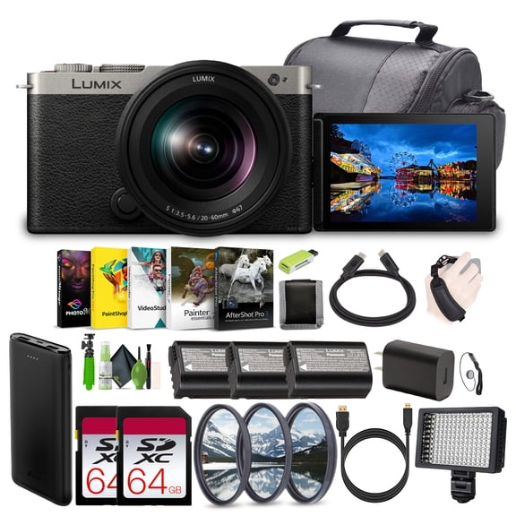 Panasonic LUMIX S9 Mirrorless Full Frame Compact Camera with 20-60mm F3.5-5.6 L Mount Lens for Content Creators - Silver -Bundle with 2x 64GB Memory Card + Extra Batteries + Video LED Light and More