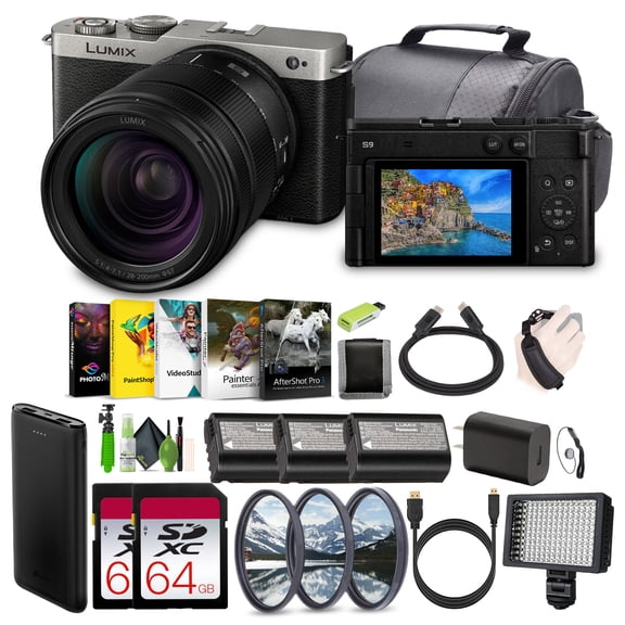 Panasonic LUMIX S9 Mirrorless Full Frame Compact Camera with 28-200mm L Mount Lens for Content Creators - Silver-Bundle with 2x 64GB Memory Card + Extra Batteries + Video LED Light and More