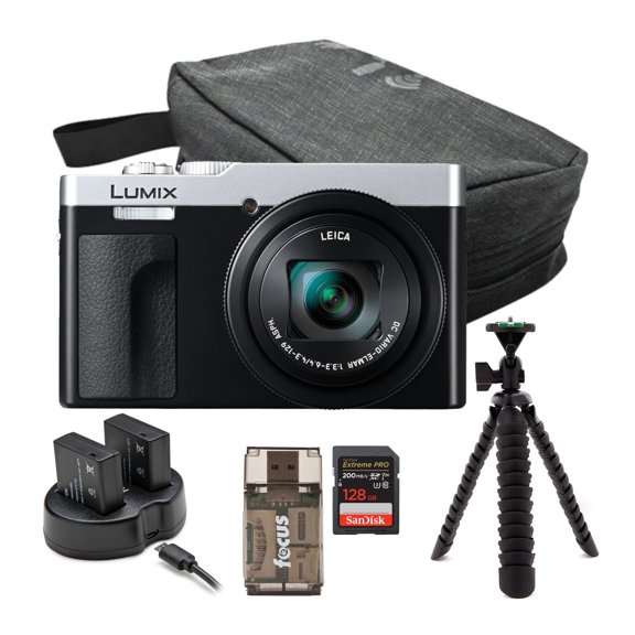 Panasonic LUMIX ZS99 30x Zoom Point Compact Digital Camera (Silver) Bundle with 128GB Memory Card, Storage Travel Case, Battery and Dual Charger, Spider Tripod, and Card Reader (6 Items)