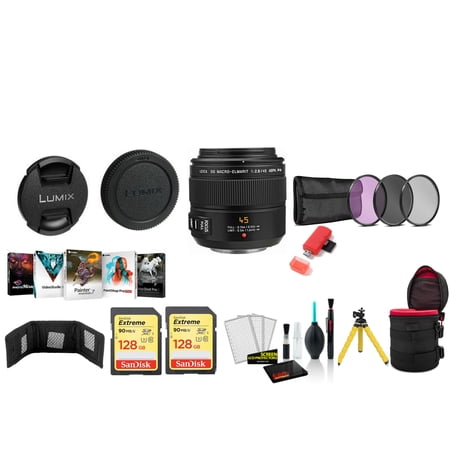 Panasonic Leica DG Macro-Elmarit 45mm F/2.8 ASPH. MEGA O.I.S. Telephoto Lens H-ES045, Micro Four Thirds - Bundle with 128G Memory Card + DMW-BLC12 Battery + Digital Flash + Editing Software and More