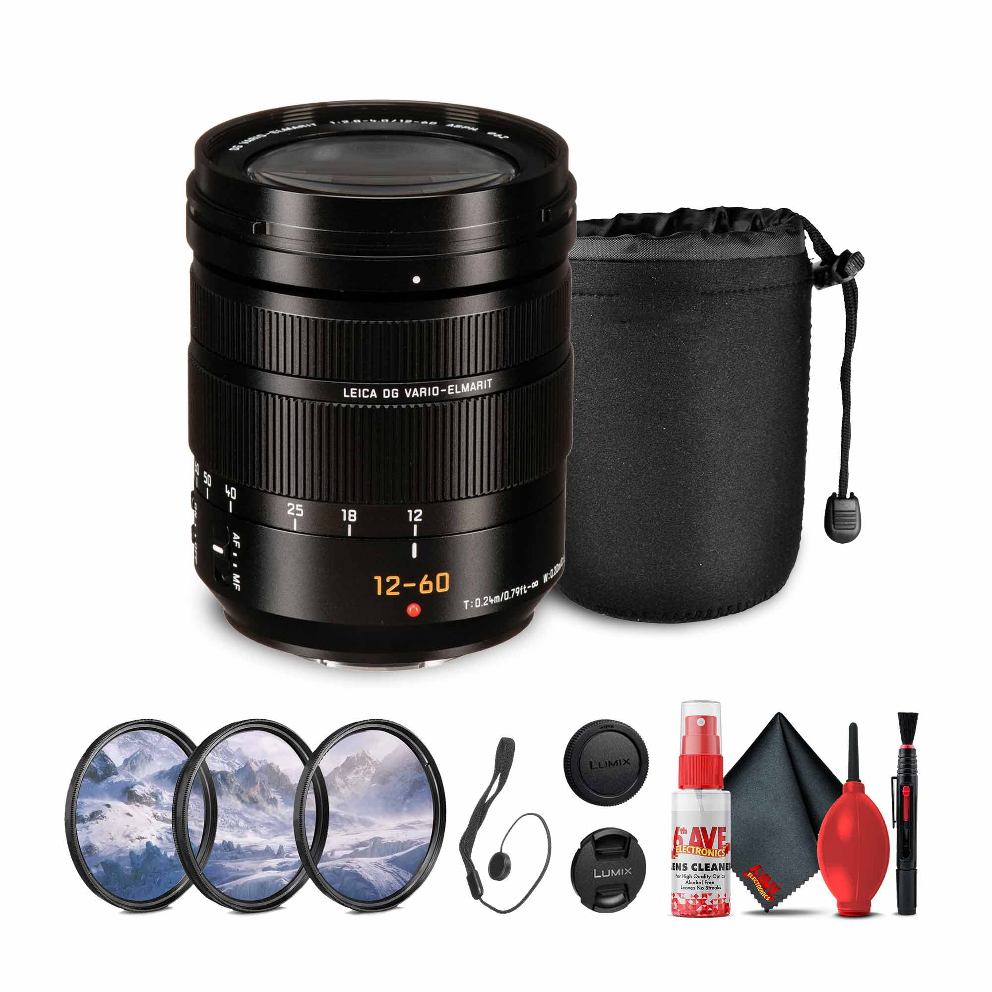 Panasonic Leica DG Vario-Elmarit 12-60mm f/2.8-4 Lens (H-ES12060) Bundle Including: Lens Pouch, 3-Piece Filter Kit, Lens Caps, Cap Keeper, Full Cleaning Kit