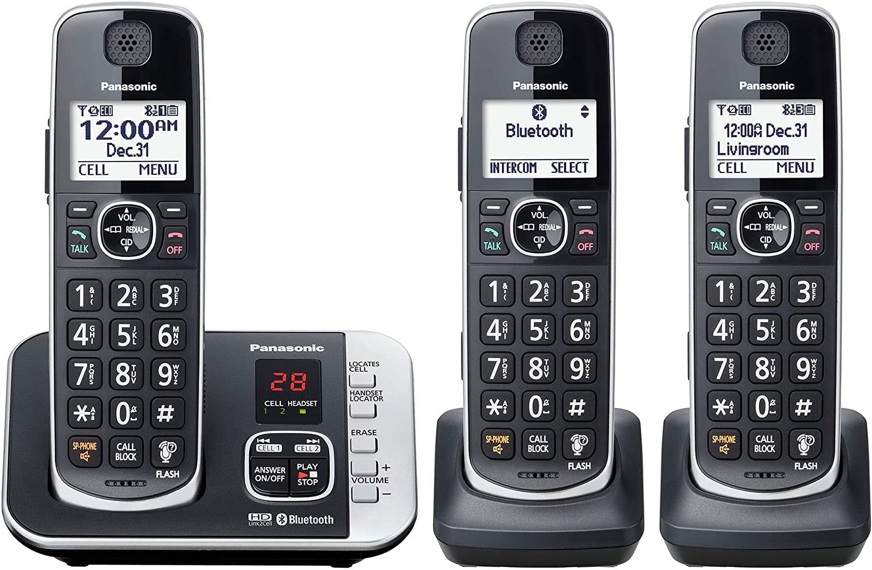 Panasonic Link2Cell Bluetooth DECT 6.0 Expandable Cordless Phone System with Answering Machine and Blocking - 3 Handsets - KX-TGE663B (Black) 3 Handsets Link2Cell