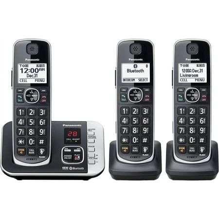 Panasonic Link2Cell Bluetooth DECT 6.0 Expandable Cordless Phone System with Answering Machine and Blocking - 3 Handsets - KX-TGE663B (Black) 3 Handsets Link2Cell