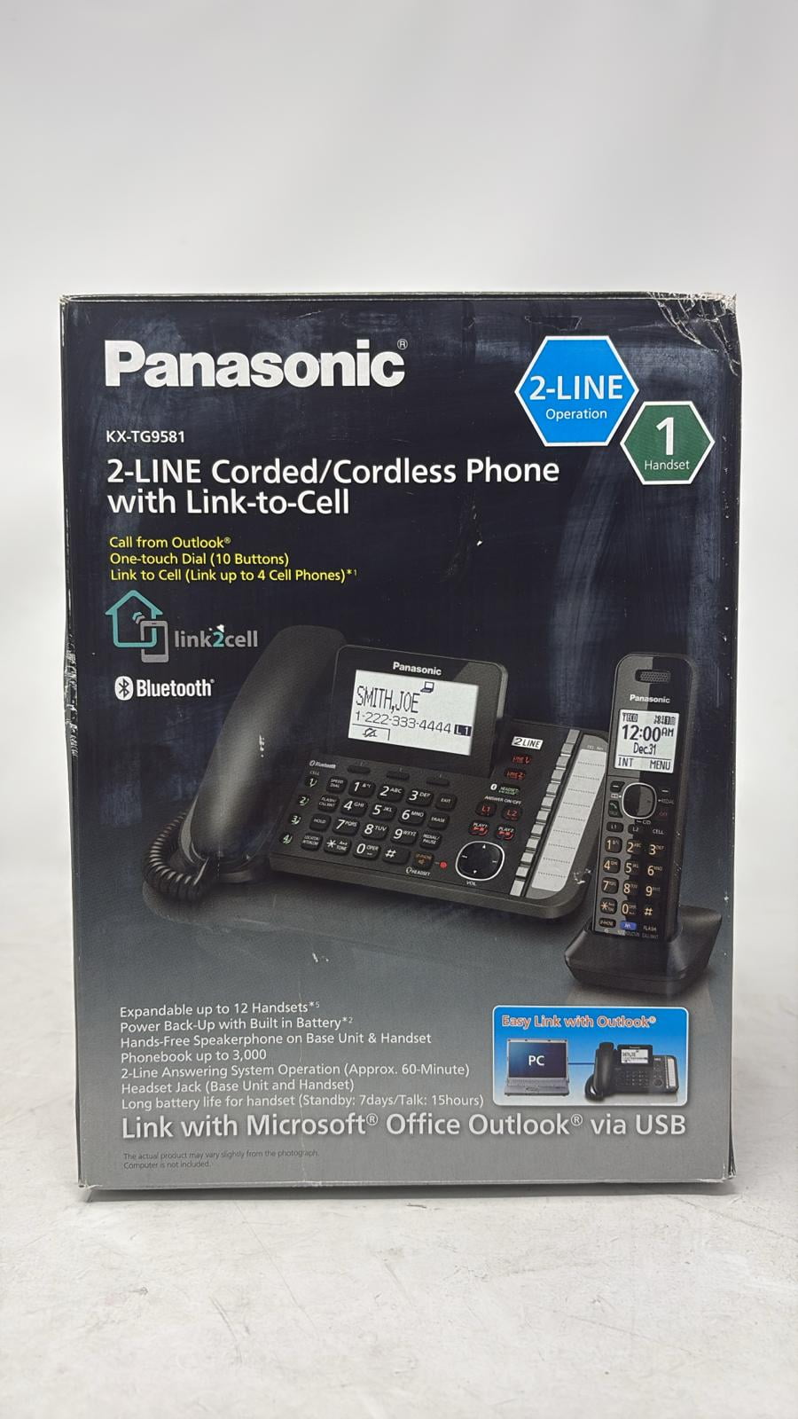 Pre-Owned Panasonic Link2Cell KX-TG9581B DECT 6.0 Cordless Phone - Black - 2 x Phone Line - Answering Machine