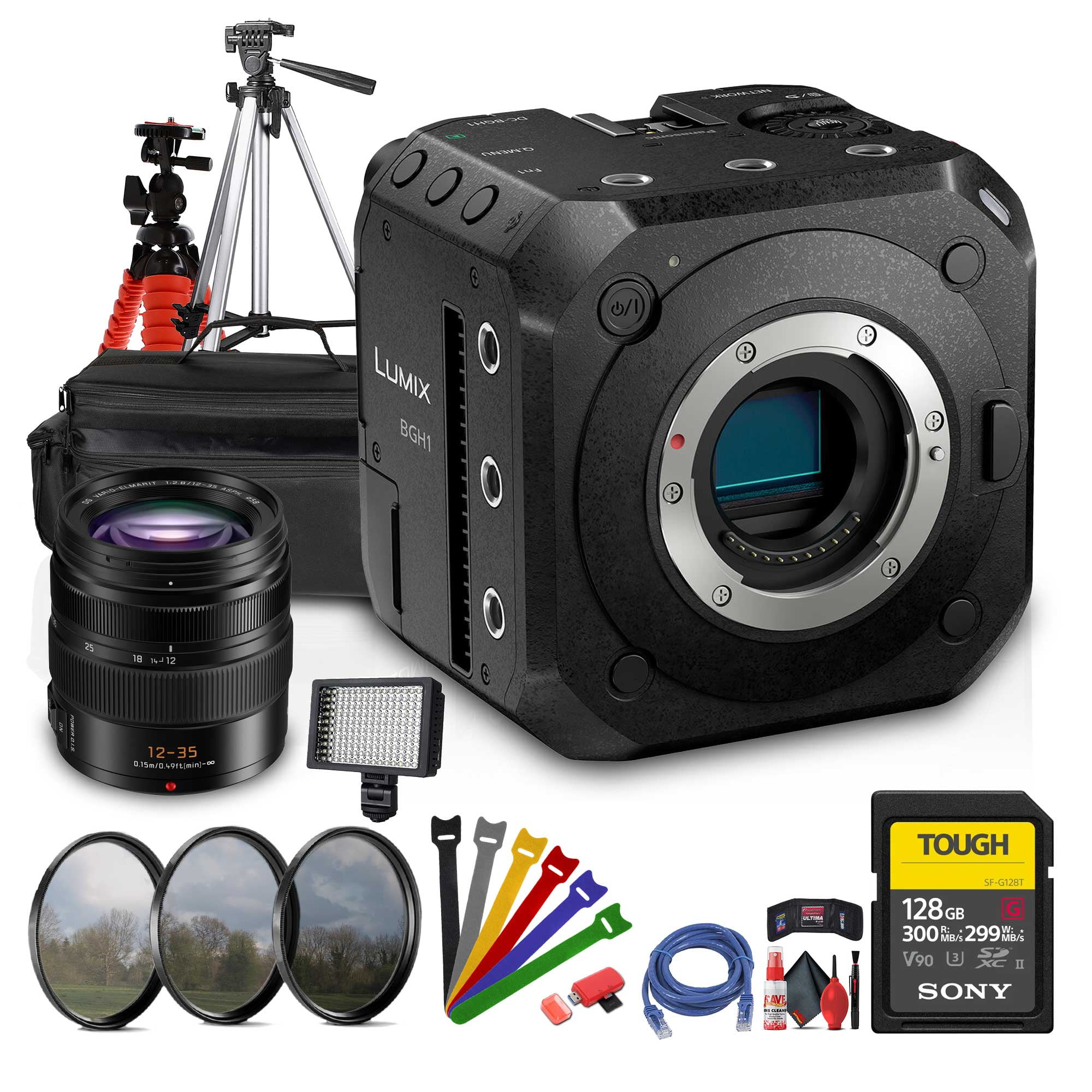 Panasonic Lumix BGH1 4K Box Cinema Camera (DC-BGH1) Panasonic 12-35mm  Lens 128GB Memory Card Case LED Light Tripod Flexible Tripod  Lens