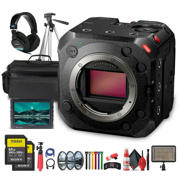 Panasonic Lumix BS1H Full-Frame Box Cinema Camera | 6K Sensor, 14+ Stops Dynamic Range, V-Log, 4:2:2 10-Bit, 4K 60p (DC-BS1H) + Mic System + Monitor + 2 x 64GB Memory Card + Headphones + Case + More