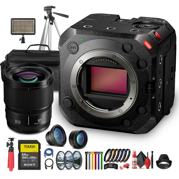 Panasonic Lumix BS1H Full-Frame Box Cinema Camera | 6K Sensor, 14+ Stops Dynamic Range, V-Log, 4:2:2 10-Bit (DC-BS1H) + Panasonic S 85mm Lens + 64GB Memory Card + Case + LED Light + More