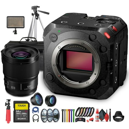 Panasonic Lumix BS1H Full-Frame Box Cinema Camera | 6K Sensor, 14+ Stops Dynamic Range, V-Log, 4:2:2 10-Bit, Dual ISO (DC-BS1H) + Lumix S 100mm Lens + 64GB Memory Card + Case + LED Light + More