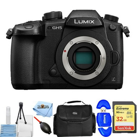 Panasonic Lumix DC-GH5 Mirrorless Micro Four Thirds Digital Camera - Essential Bundle Includes: Sandisk Extreme 32GB SD, Memory Card Reader, Gadget Bag, Blower, Microfiber Cloth and Cleaning Kit