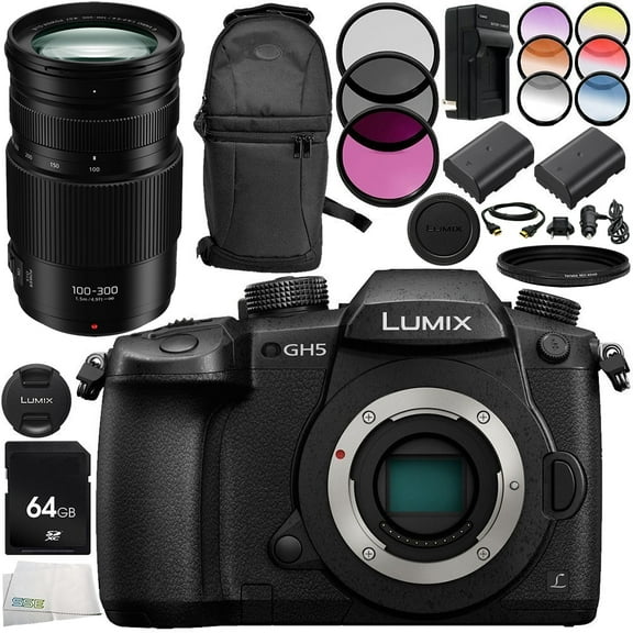 panasonic lumix dc-gh5 mirrorless micro four thirds digital camera with lumix g vario 100-300mm f/4-5.6 ii power o.i.s. lens 14pc accessory bundle includes 64gb sd memory card + more