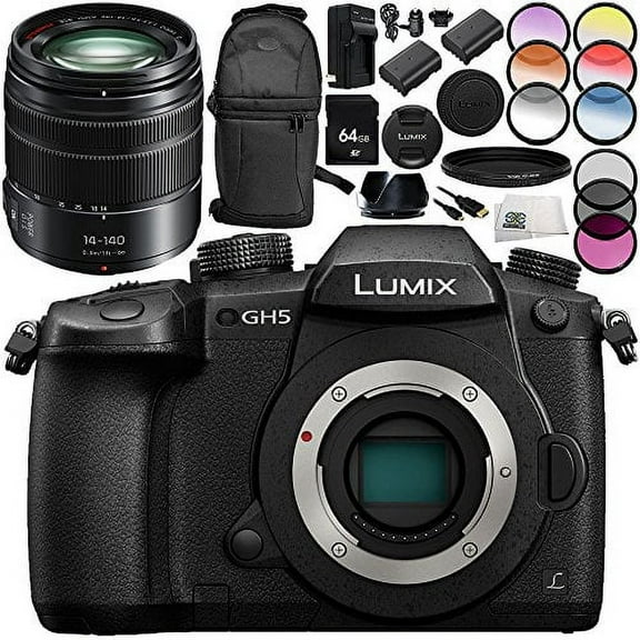 panasonic lumix dc-gh5 mirrorless micro four thirds digital camera with panasonic lumix g vario 14-140mm f/3.5-5.6 asph. power o.i.s. lens 15pc accessory bundle includes 64gb sd memory card + more