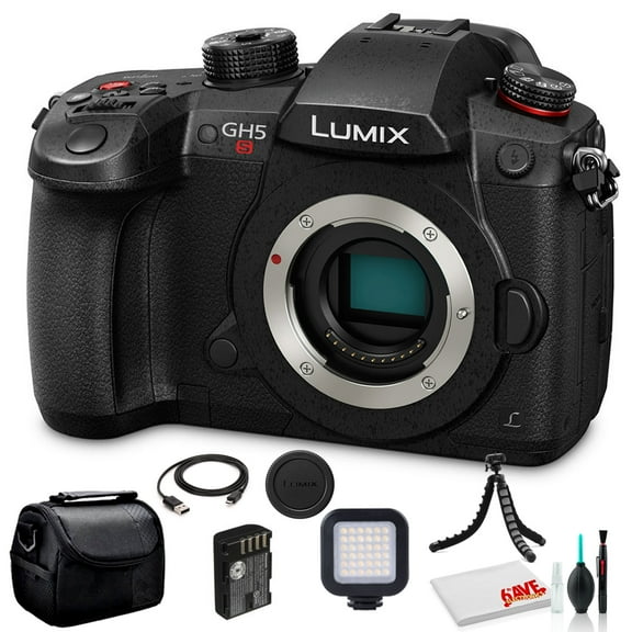 Panasonic Lumix DC-GH5S Mirrorless Digital Camera (DC-GH5S) - Bundle - with LED Video Light + Soft Bag + 12 Inch Flexible Tripod + Cleaning Set