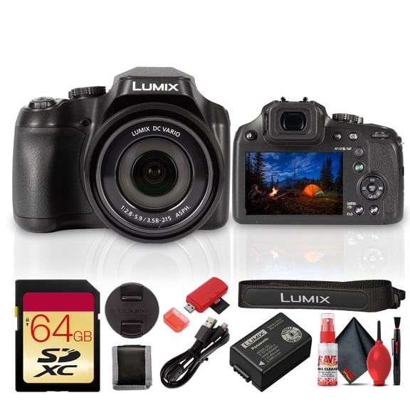 Panasonic Lumix FZ85D FZ80D Digital Camera 18.1MP MOS Sensor 60x Optical Zoom 20-1200mm Equivalent 4K30 Video POWER O.I.S. Bundle With 64GB Memory Card + Cleaning Kit and more (5 Items)