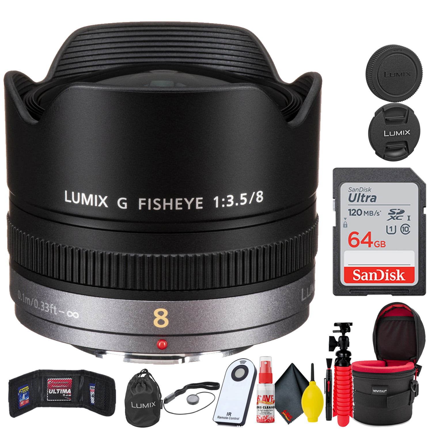 Panasonic Lumix G Fisheye 8mm f/3.5 Lens + Accessories Bundle