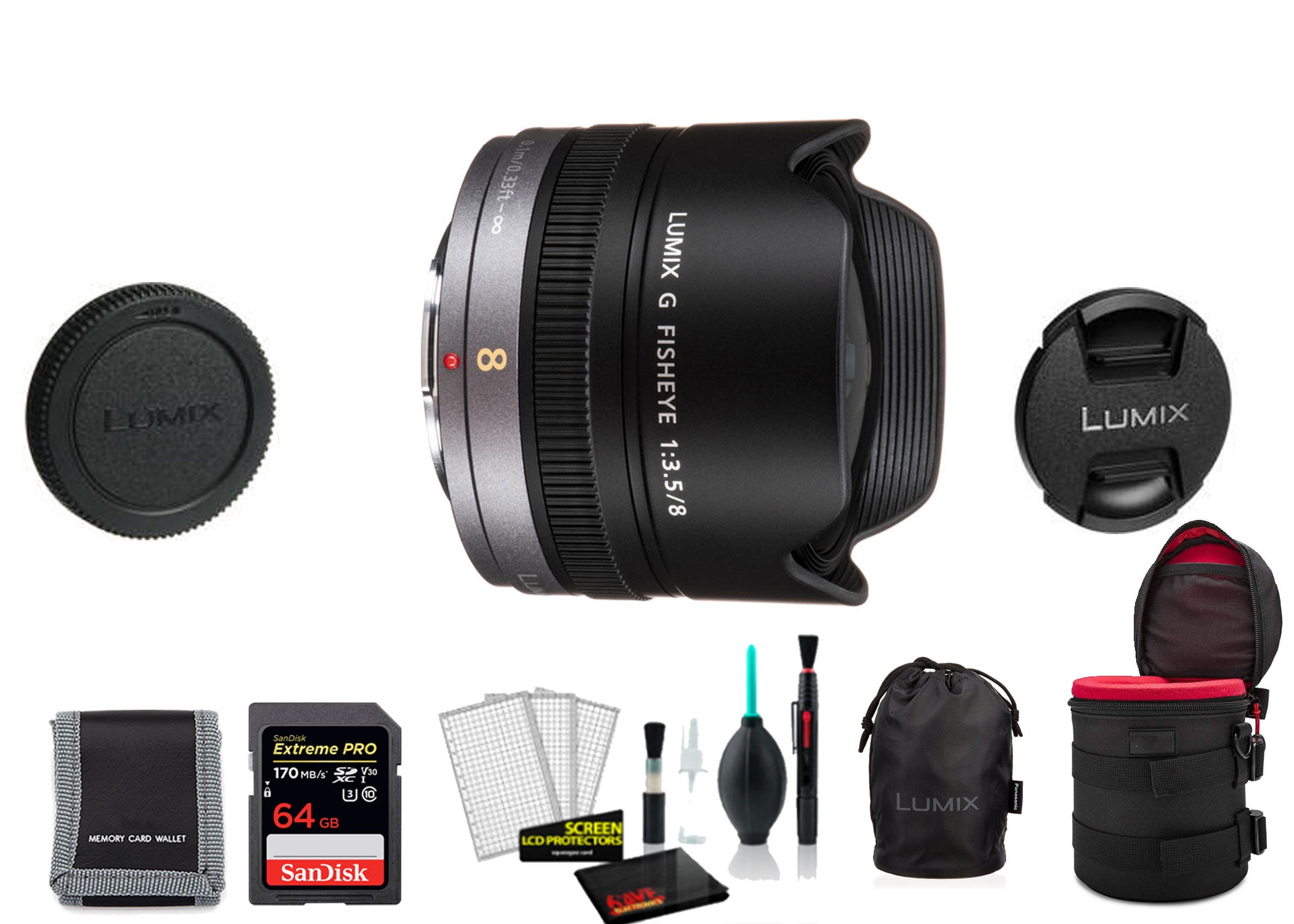 Panasonic Lumix G Fisheye 8mm f/3.5 Lens, Micro Four Thirds, H-F008 -  Bundle with 64GB Memory Card and More
