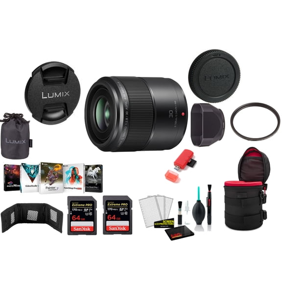 Panasonic Lumix G Macro 30mm F/2.8 ASPH. MEGA O.I.S. Lens with 2x 64 Memory Cards and More (International Model)