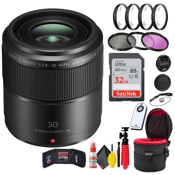 Panasonic Lumix G Macro 30mm F/2.8 ASPH Mega O.I.S Lens + Accessories