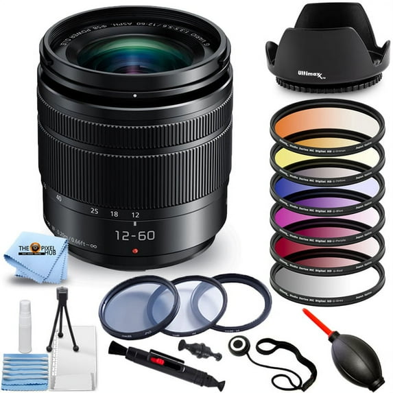 Panasonic Lumix G Vario 12-60mm f/3.5-5.6 ASPH. POWER O.I.S. Lens - Pro Bundle with 6PC Graduated Color Filter Kit, 3PC Filter Kit, Tulip Hood Lens and More