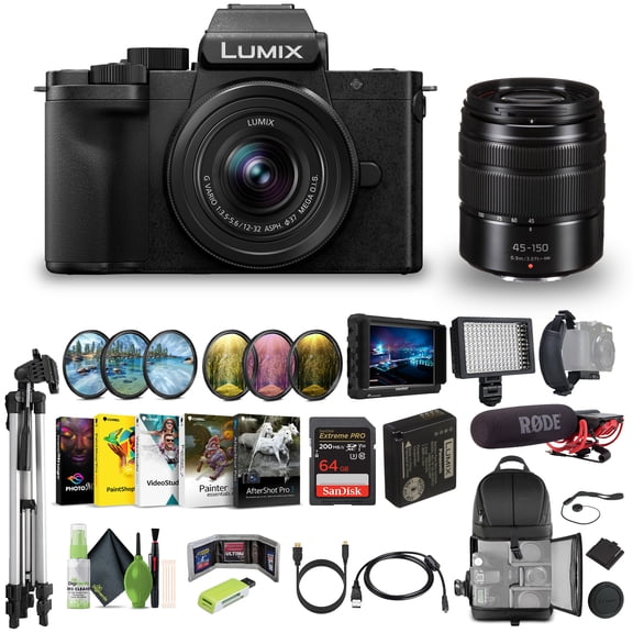 Panasonic Lumix G100D 4K Mirrorless Vlogging Camera with 12-32mm Lens and G Vario 45-150mm, Vlogger Bundle with Lilliput 7" Monitor + Tripod + Cleaning Kit + RODE Video Microphone + Accessories