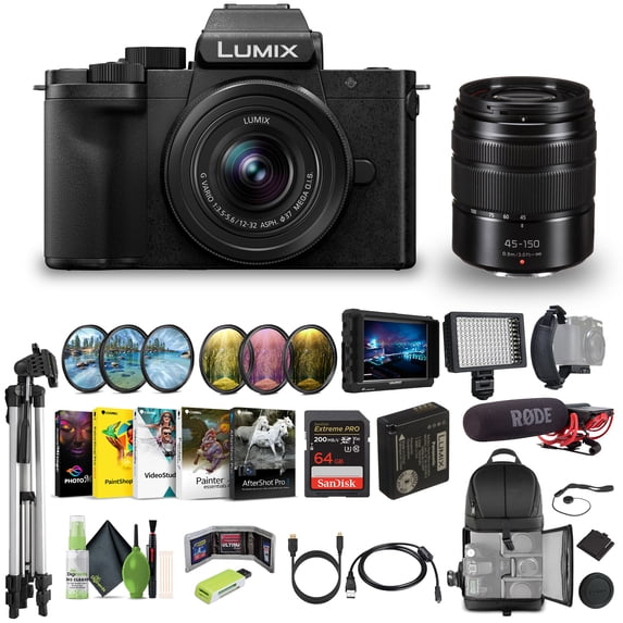 Panasonic Lumix G100D 4K Mirrorless Vlogging Camera with 12-32mm Lens and G Vario 45-150mm, Vlogger Bundle with Lilliput 7" Monitor + Tripod + Cleaning Kit + RODE Video Microphone + Accessories
