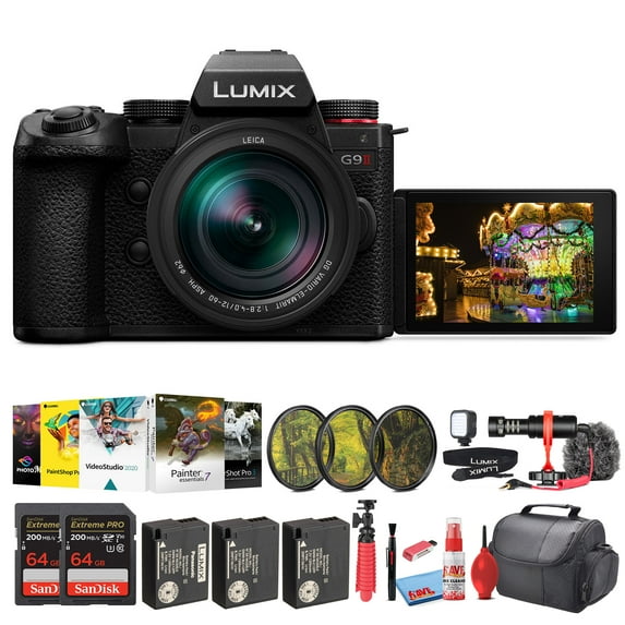 Panasonic Lumix G9 II Micro Four Thirds Mirrorless Camera, 25.2MP with 12-60mm F2.8-4 Lens (DC-G9M2LK) + Filter Kit + 2 x 64GB Card + 2 x DMW-BLK22 Battery + Corel Photo Software + More