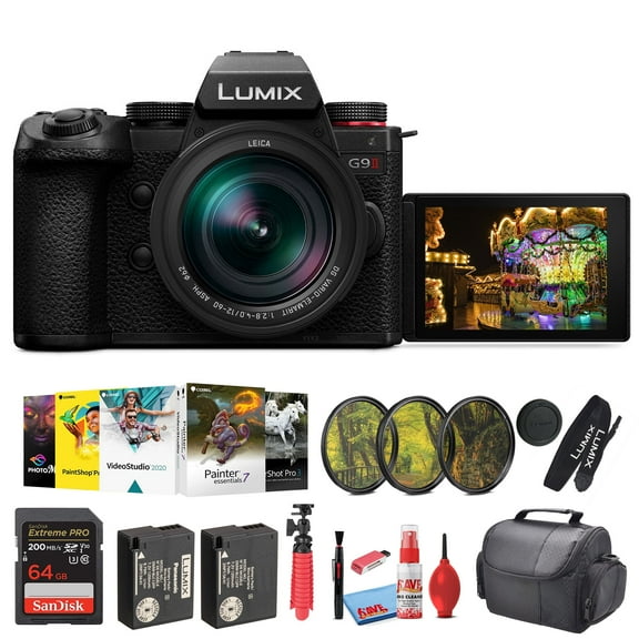 Panasonic Lumix G9 II Micro Four Thirds Mirrorless Camera, 25.2MP with 12-60mm F2.8-4 Lens (DC-G9M2LK) + Filter Kit + 64GB Card + DMW-BLK22 Battery + Corel Photo Software + Card Reader + Bag + More