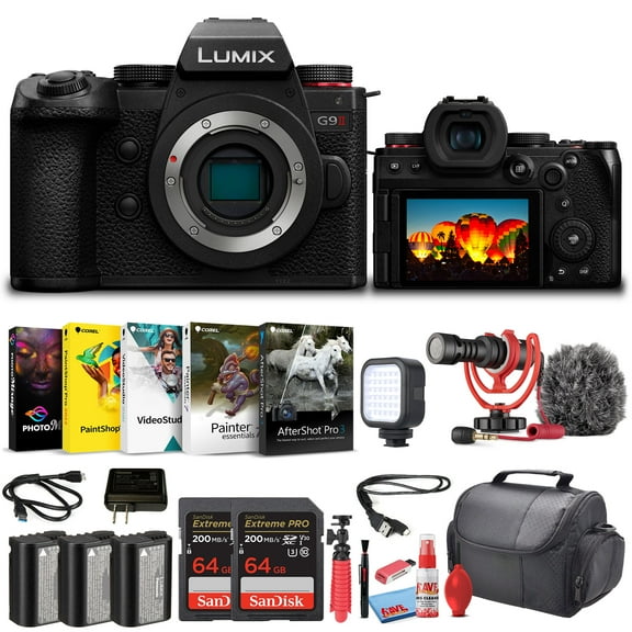 Panasonic Lumix G9 II Micro Four Thirds Mirrorless Camera, 25.2MP (Body Only) (DC-G9M2BODY) + 2 x 64GB Card + 2 x DMW-BLK22 Battery + Corel Photo Software + Card Reader + Rode Compact Mic + More