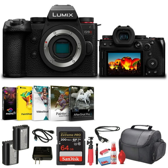 Panasonic Lumix G9 II Micro Four Thirds Mirrorless Camera, 25.2MP (Body Only) (DC-G9M2BODY) + 64GB Card + DMW-BLK22 Battery + Corel Photo Software + Card Reader + Bag + Flex Tripod + Cleaning Kit