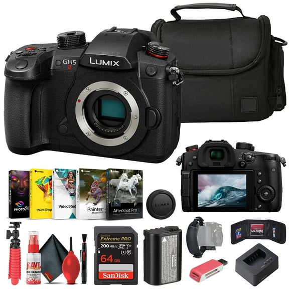Panasonic Lumix GH5 II Mirrorless Camera (DC-GH5M2BODY) + Corel Photo Software + Bag + 64GB Card + Card Reader + Flex Tripod + Cleaning Kit + Memory Wallet + Hand Strap