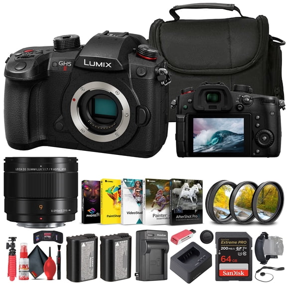 Panasonic Lumix GH5 II Mirrorless Camera (DC-GH5M2BODY) + Panasonic 9mm F/1.7 Lens + Filter Kit + Corel Photo Software + Bag + 64GB Card + Charger + Card Reader + DMW-BLF19 Battery + More