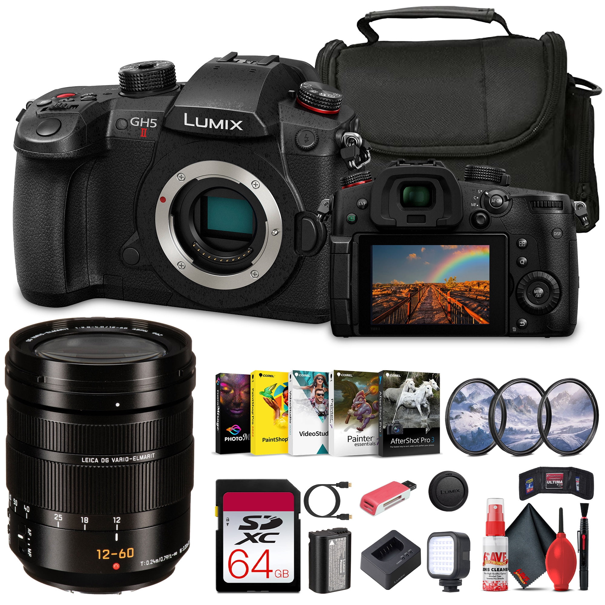 Panasonic Lumix GH5 II Mirrorless Micro Four Thirds Camera with Panasonic Leica DG Vario-Elmarit 12-60mm Lens + 64 GB Memory Card + Carry Case + Cleaning Kit + Art Studio Software + More