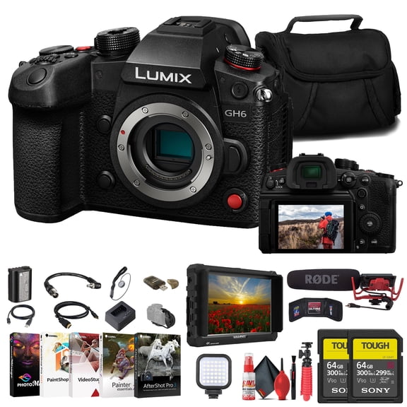 Panasonic Lumix GH6 Mirrorless Camera (Body Only), 5.7K Video + 4K Monitor, Rode VideoMic & Bundle